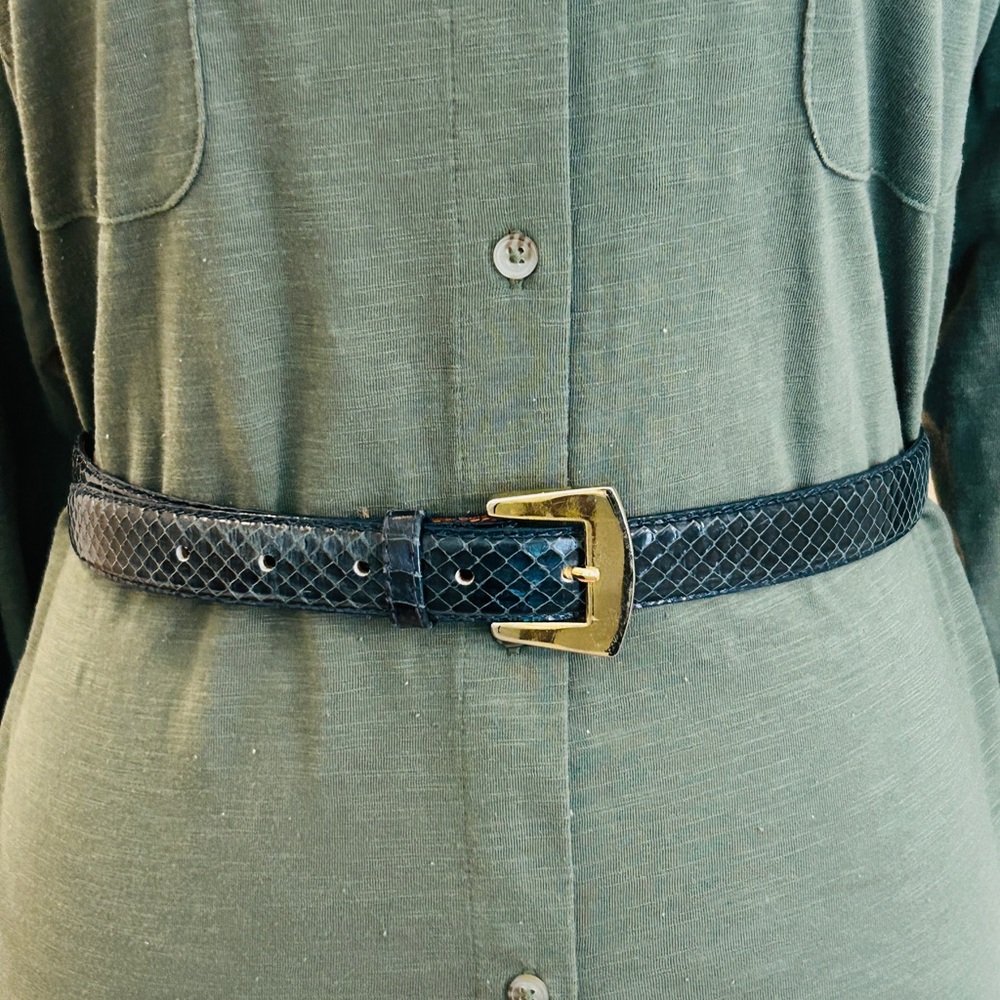 Vintage Navy Snakeskin Leather Belt with Gold Buckle